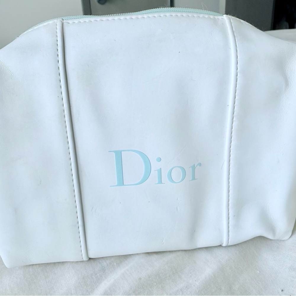 Dior White Cosmetic Pouch with Light Blue Logo
